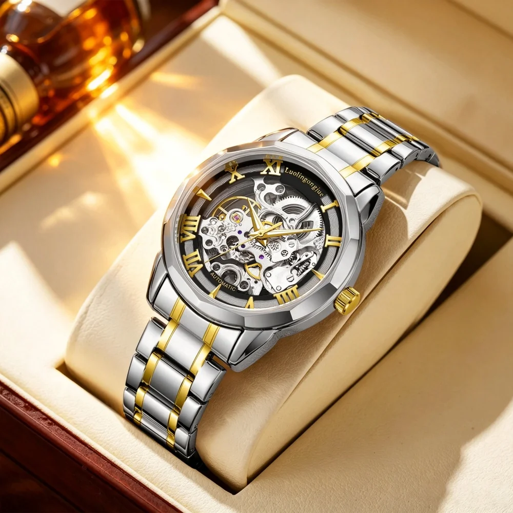 European and American Style Light Luxury Hollow Mechanical Men's Watch with Roman Numeral Dial and Strap, Fully Automatic Mechanical Watch with Transparent Movement, Business Commuter Men's Wristwatch, Suitable as a Gift