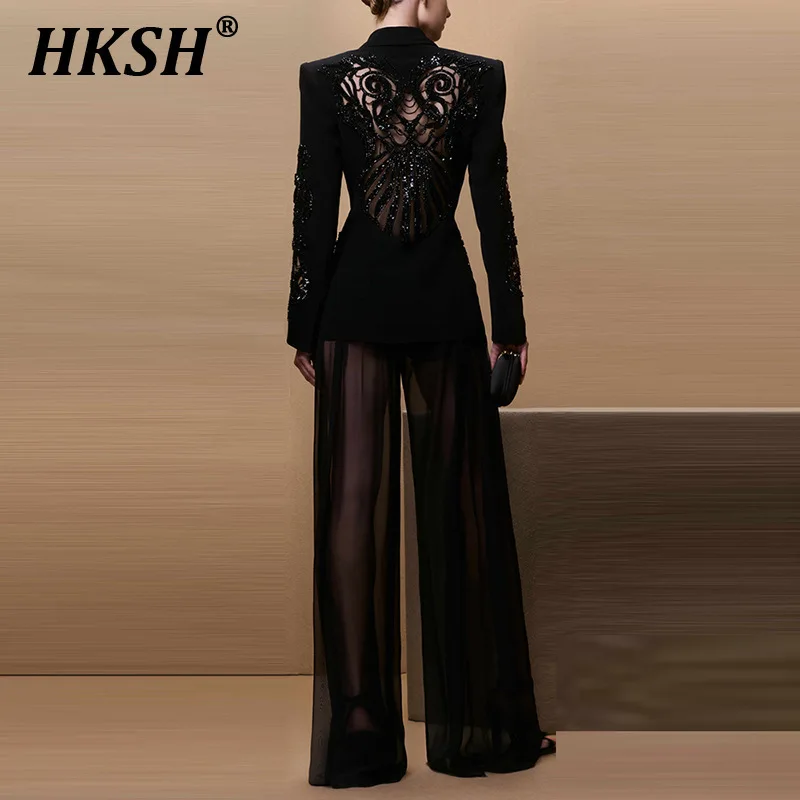 HKSH 2025 Early Spring New Women's Tide Dark Star Fashion Mesh Blazer Splicing Heavy Nail Bead Chic Jackets Chiffon Pants HK3725