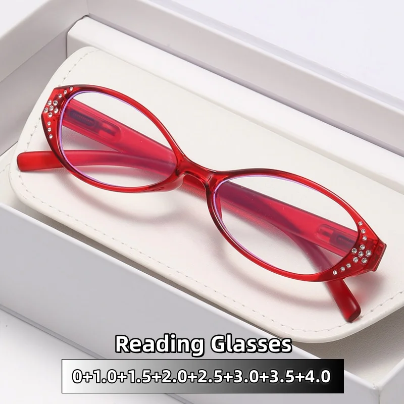 Oval Small Frame Exquisite Flash Drill Reading Glasses High Quality High Definition Anti Blue Light Eyeglasses 0 To +4.0