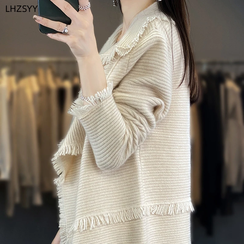 LHZSYY Lapel Cashmere Cardigan Women\'s Fashion Large Size Jacket Sweater Autumn New Knit Shawl Coat High-End Loose Female Blouse