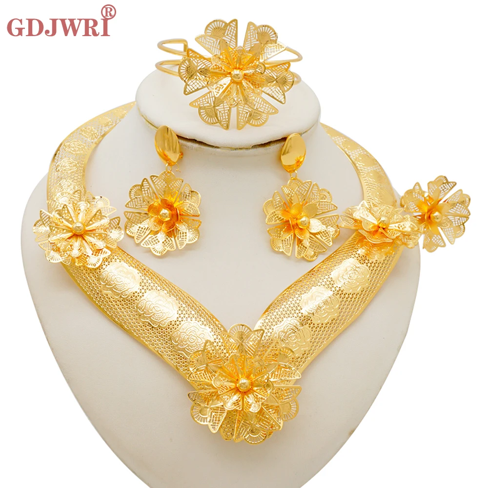 

Fashion Dubai Jewelry Sets For Women Big Flower Pendant Indian Necklace Bracelet Earring Ring Moroccan Wedding Party Gifts