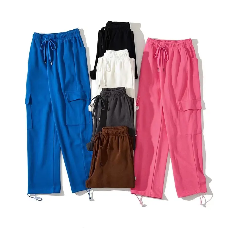 American Street Style Pure Desire Multi-Pocket Workwear Trousers Elastic Waist Drawstring Loose Straight Leg Wide Leg Pants