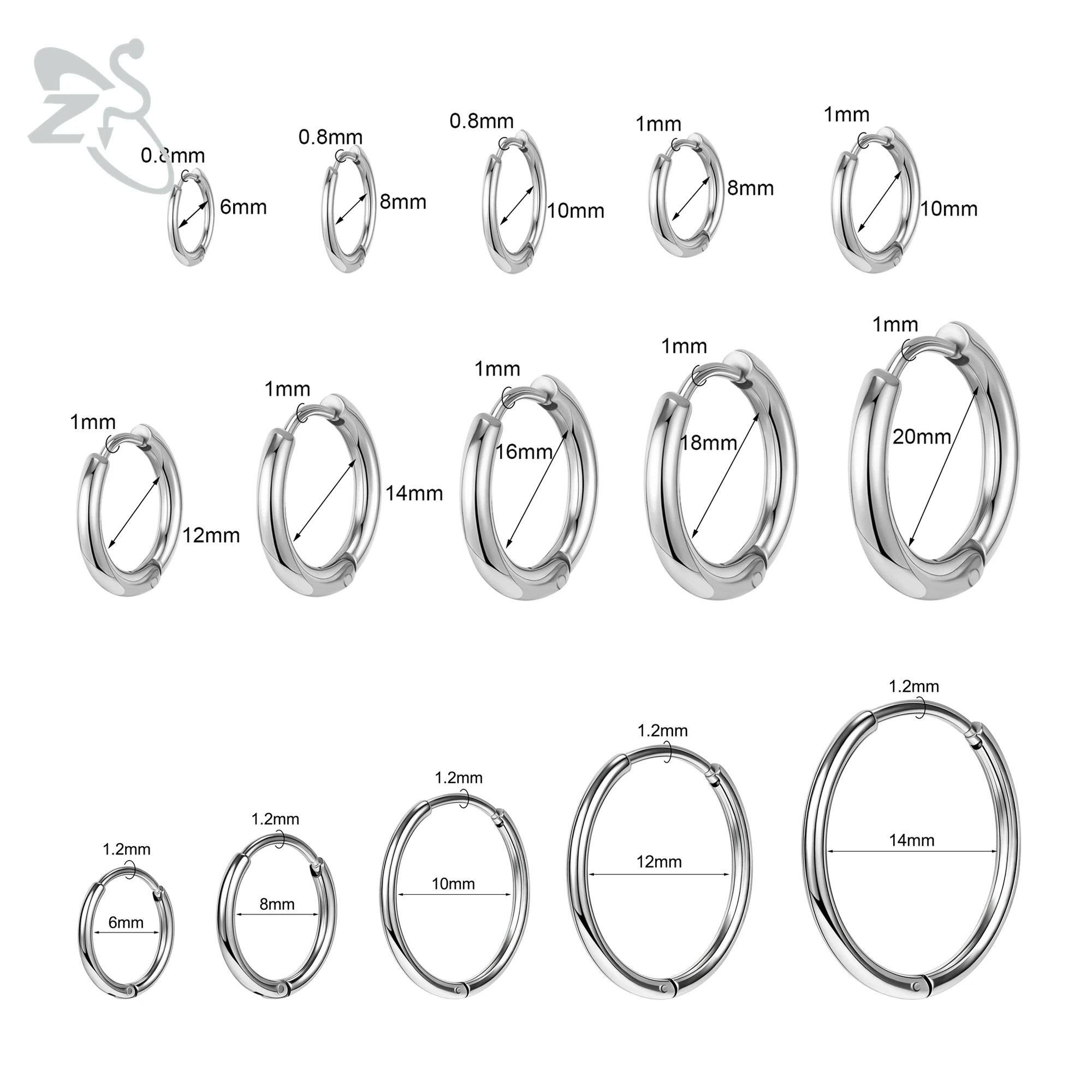 ZS 1 Piece 6-20MM Stainless Steel Hoop Earrings 14/18/16G Huggie Earring 3 Colors Round Helix Conch Cartilage Piercings Jewelry