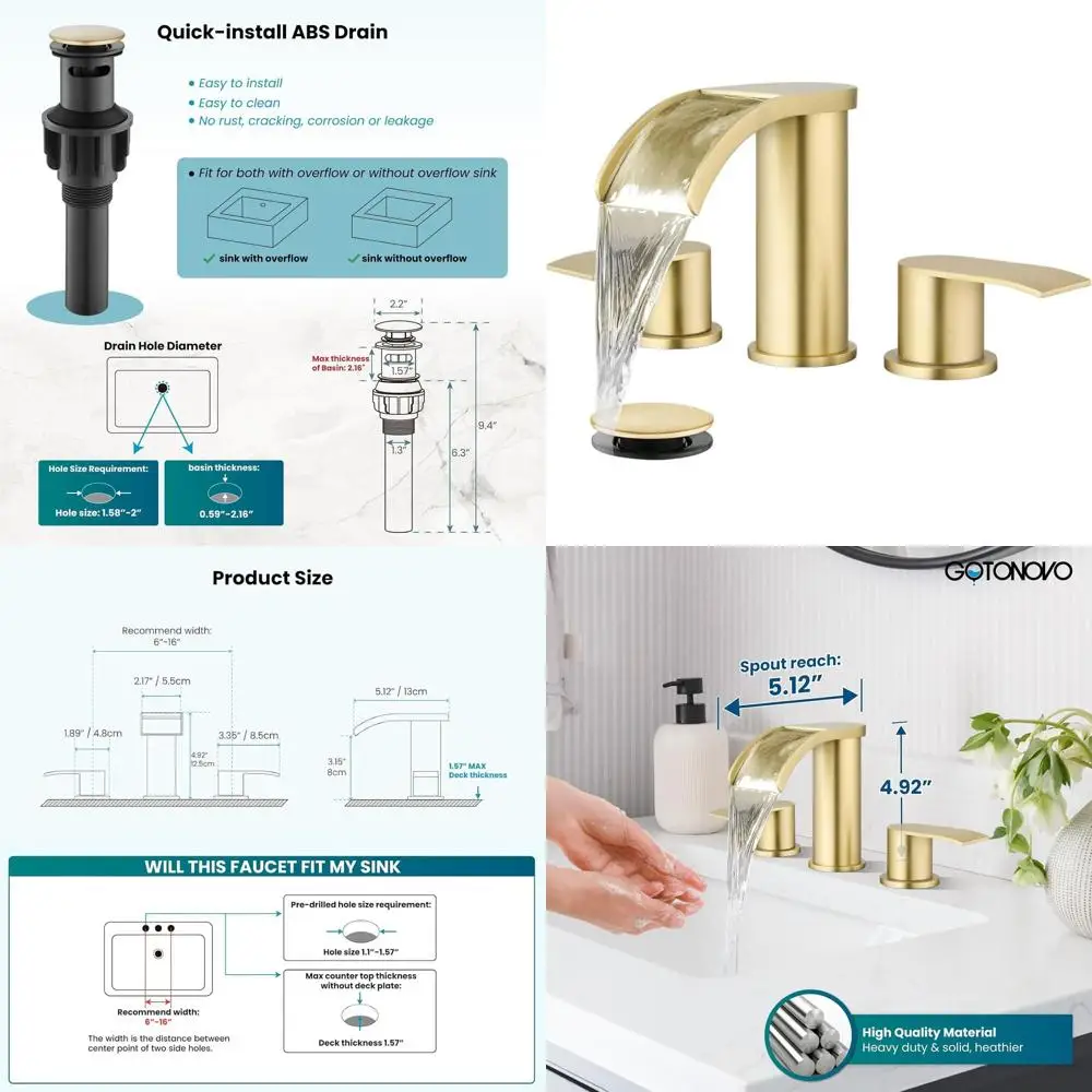 

8 Inch Widespread Brushed Gold Bathroom Faucet Set with 3 Holes, 2 Handles, LavaDeck Mount, Up Drain, and Water Supply Lines