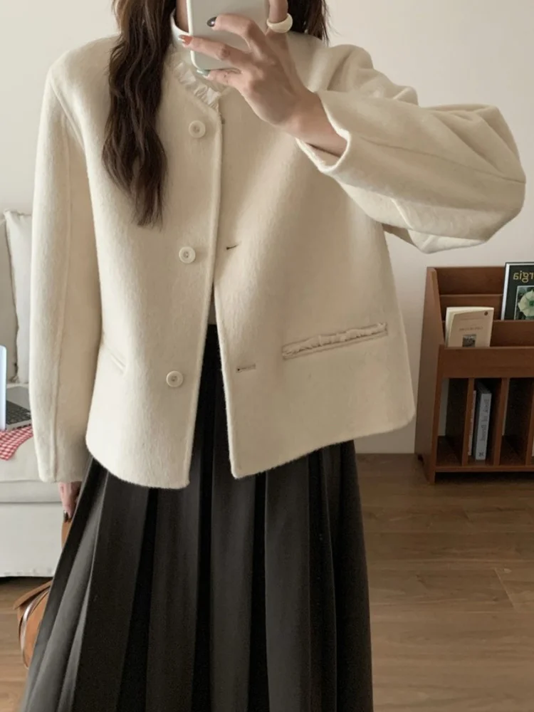 

Двустороннее шерстяное пальто Sweet Sle, женское тюре, корейская модная верхняя одежда с пушистой отделкой, легкое длинное пальто све