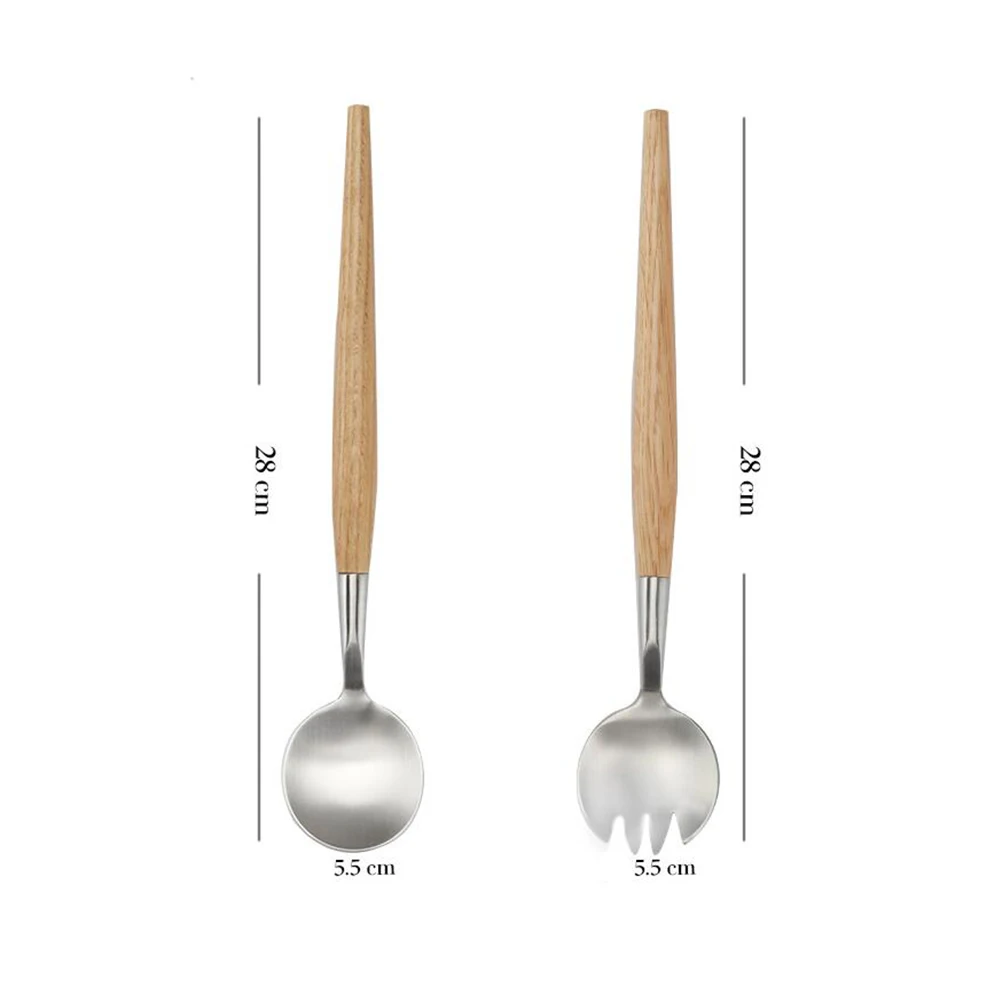 

2pcs Salad Fork Spoon Set Stainless Steel Wooden Handle Smooth Finish No Rough Edges Dishwasher Safe For Fruit Serving Picnic