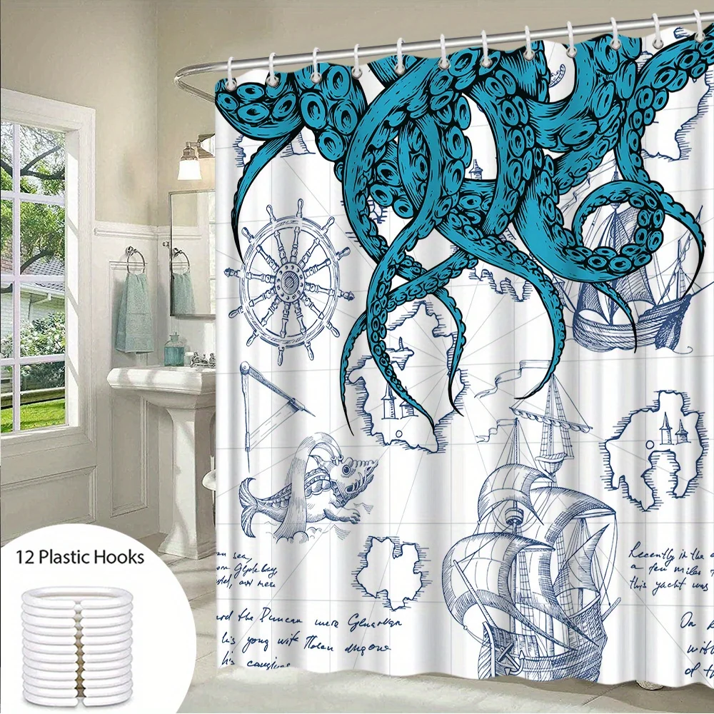 1pc Steampunk Octopus Shower Curtain with Turquoise Tentacles, Ship's Wheel & Mermaid Design - Vintage Nautical Maritime Theme B