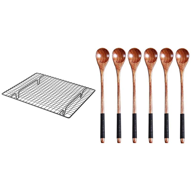 1 Pcs Non-Stick Cake Cooling Rack Baking Rack & 6 Pcs Long Handled Wooden Spoons Wood Tea Coffee Spoon