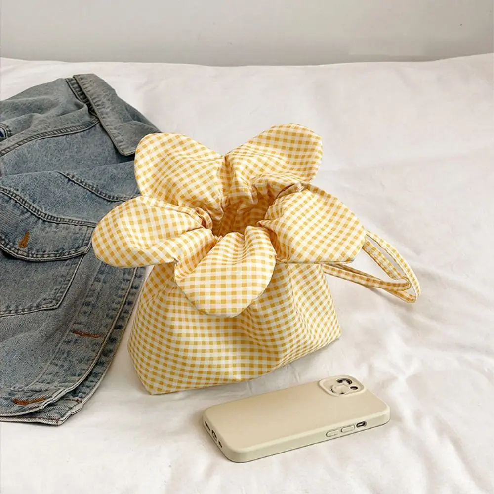 캐주얼 한국 스타일 격자 무늬 Drawstring 가방 인쇄 귀여운 작은 Crossbody 가방 대용량 저장 가방 꽃 핸드백 쇼핑
