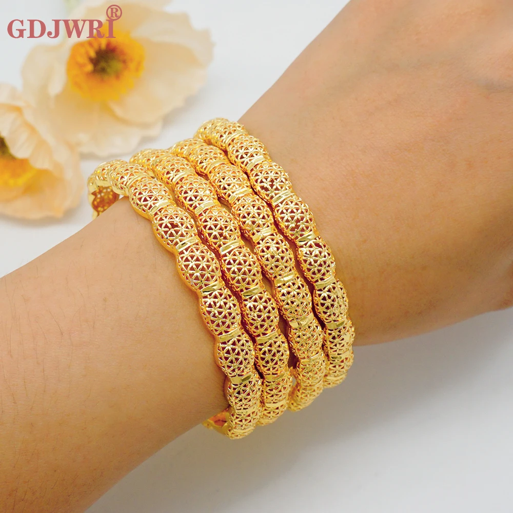 4Pcs/Set Dubai Gold Color Bangle Bracelet For Women Ethiopian Arabic African Nigerian Indian Wedding Bride Banquet Jewelry Gift