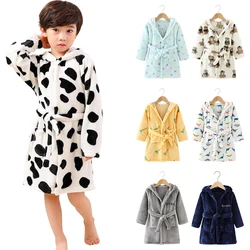 Children Hooded Fleece Bath Robes Unisex Cute Cartoon Pattern Pajamas Sleepwear Soft and Warmth Clothes for Boys Girls Homewear