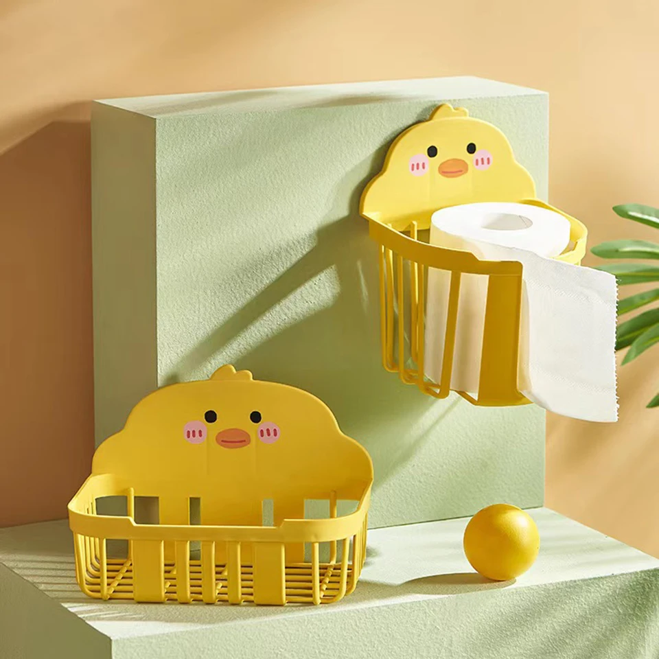 

Little Yellow Duck Pattern Toilet Paper Shelf Cartoon Tissue Box Bright Yellow Bathroom Wall-mounted Storage Decorative Basket