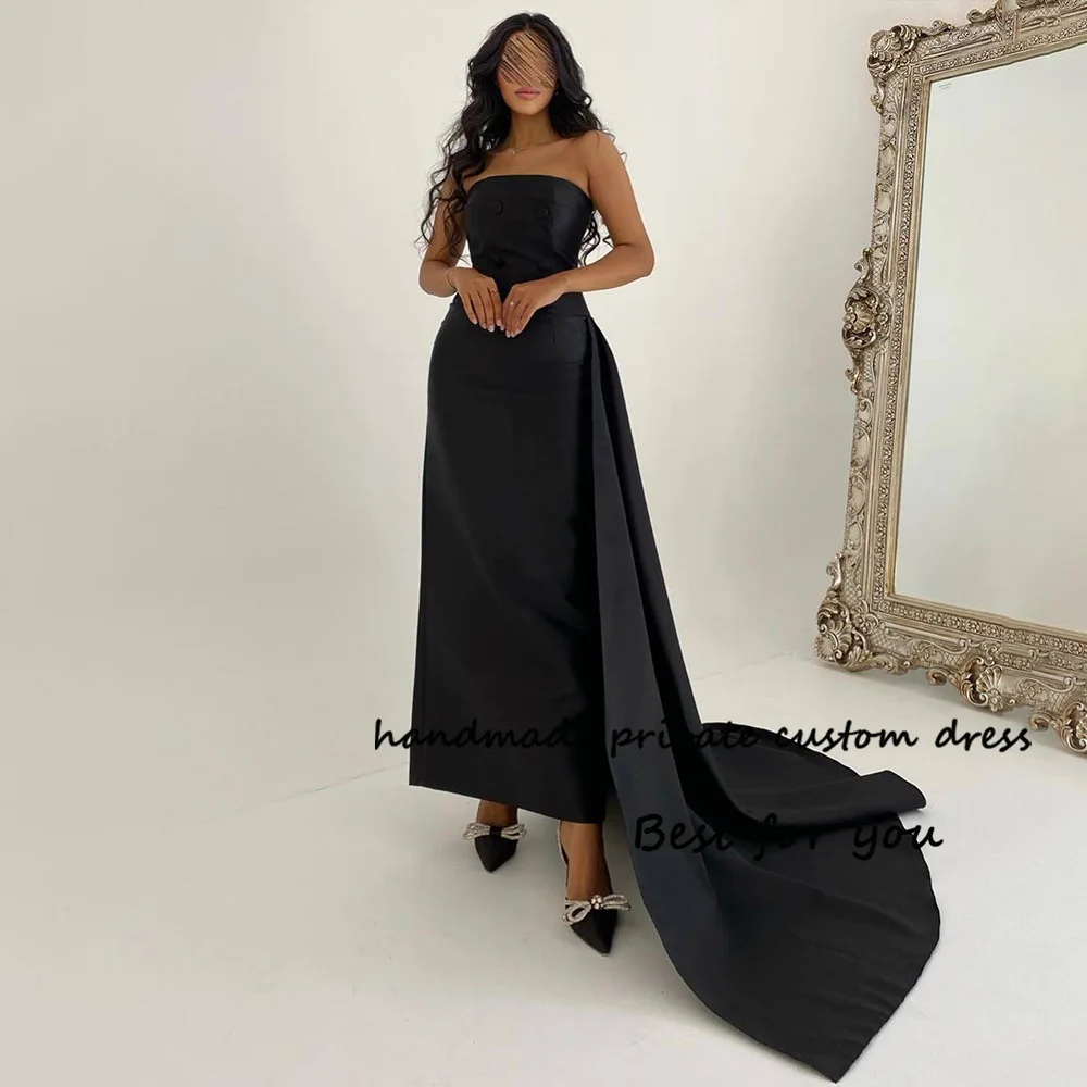 

Black Mermaid Evening Dresses Strapless Mono Satin Long Dubai Formal Dress with Train Arabic Prom Party Dress