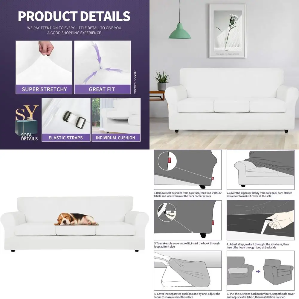 

Комплект из 4-х велюровых чехлов для дивана с 3 подушками, 92-115 см, эластичный, для владельцев домашних животных, толстый белый чехол с нескользящими ремнями