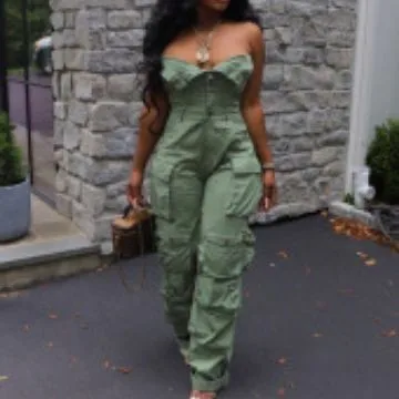 Summer Women's Clothing Sleeveless High Waist Cargo Jumpsuit With Multiple Functional Pockets Polyester Cotton Blend Long Pants