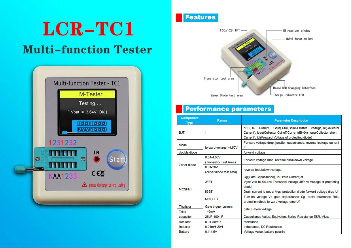 TC-T7-H TCR-T7 LCR-TC1 High Precision Transistor Tester Diode Triode Capacitance ESR MOS/PNP/NPN LCR MOSFET TFT LCD Screen Test