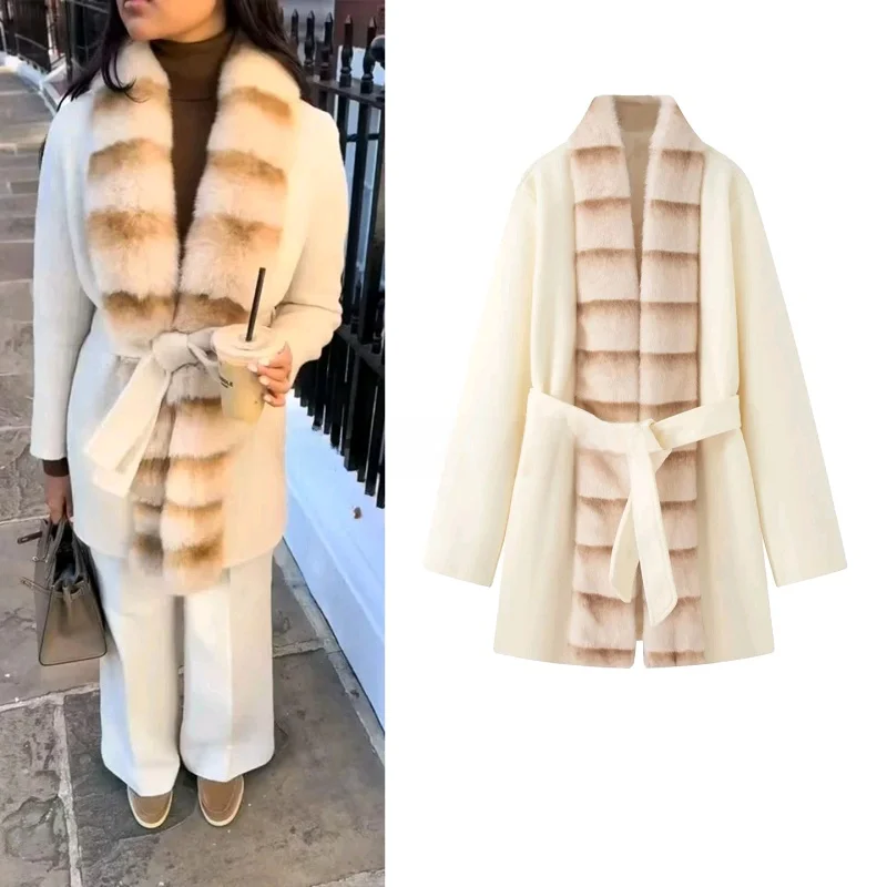 

Женское шерстяное пальто осенне-зимнего сезона с поясом и воротником из искусственного меха, средней длины, элегантное, модное, верхняя одежда