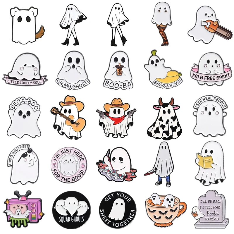 31 Arten Cartoon Ghost Boo Emaille Pins niedlichen Halloween kreative Broschen Revers Abzeichen Rucksack Kleidung Zubehör Geschenk für Freunde