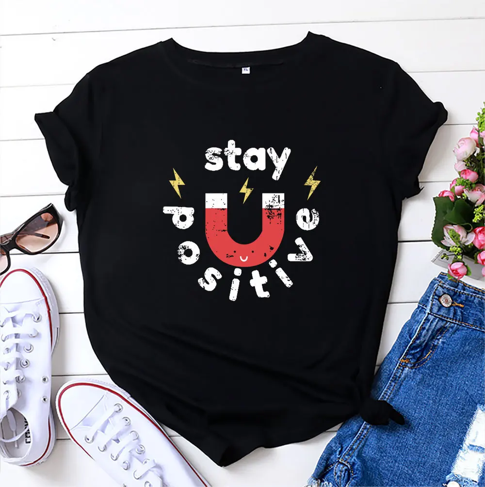 

Stay Positive Letter Print T Shirt Women Short Sleeve O Neck Loose Tshirt Women Causal Tee Shirt Tops Camisetas Mujer