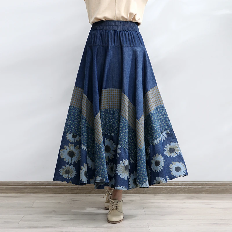 

TIYIHAILEY-Long Maxi A-line Skirt for Women, Elastic Waist, Denim Jeans, Vintage Big Hem Print, Spring, Autumn, New, 2024