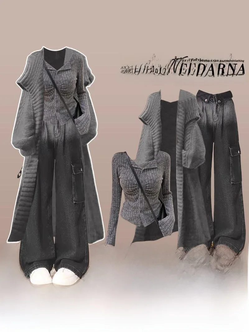 

Комплект из джинсов с высокой талией и вязаного кардигана: модный повседневный образ для женщин на зиму, свободный крой, трикотаж