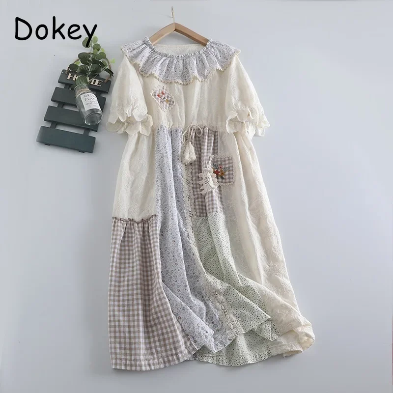 Japanese Mori Girl Patchwork Cotton Linen Dress Women Sweet Vintage Plaid Lace-up Loose Sundress Casual Ruffled Pullover Dresses