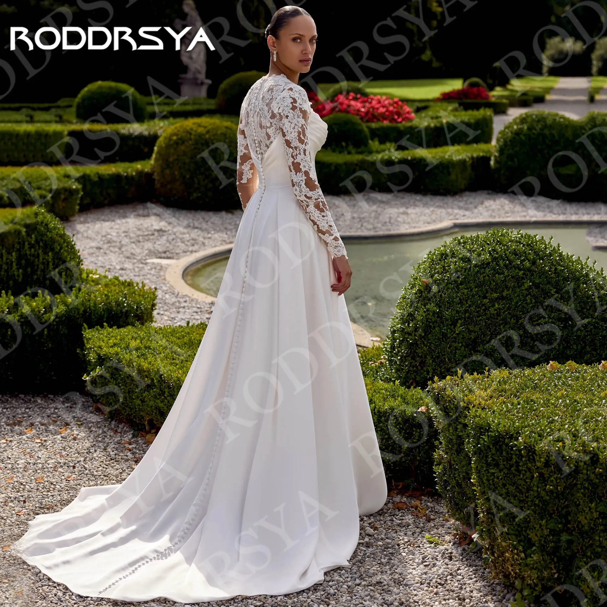 Roddrsya elegante vestidos de casamento mangas compridas rendas cetim uma linha apliques alta fenda vestido de noiva personalizado Vestidos de noiva elegantes mangas longas Lace cetim uma linha aplica alta fenda vestid
