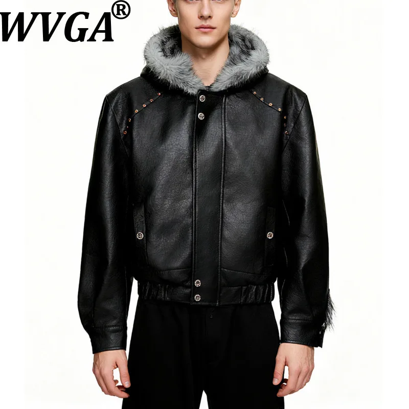 

WVGA Winter New Man Tide Fleece-Lined Thickened Leather Hoodie Jackets Niche Chic Casual Fur Collar Long Sleeve Coats Ins W14409