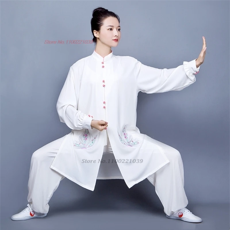 

2024 tai chi uniform chinese wushu kung fu set flower embroidery taiji practice traditional martial arts wing chun exercise suit