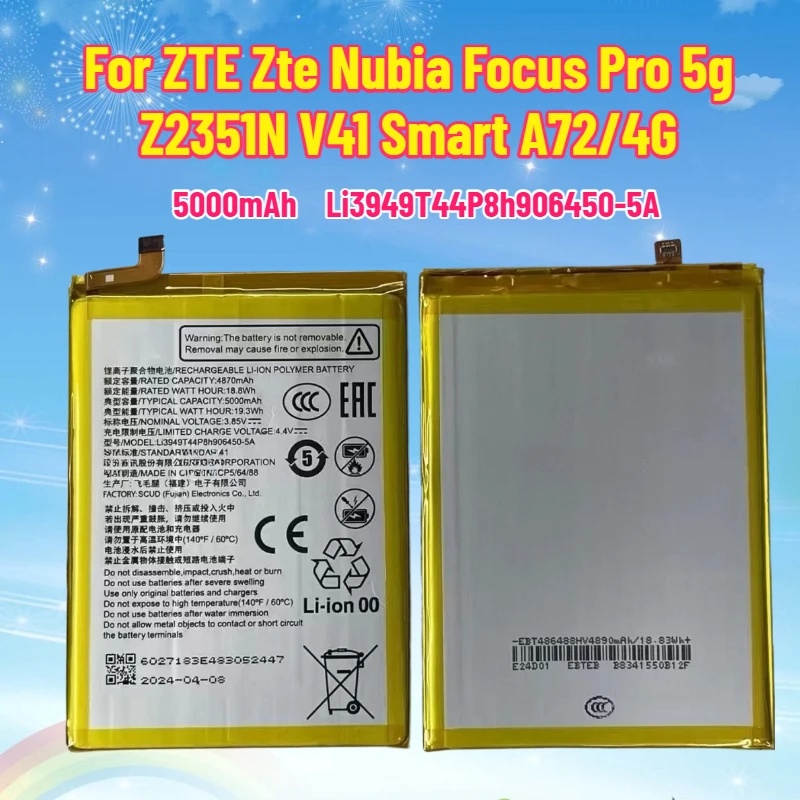 

New 5000mAh Battery Li3949T44P8h906450-5A for ZTE Zte Nubia Focus Pro 5g Z2351N V41 Smart A72/4G