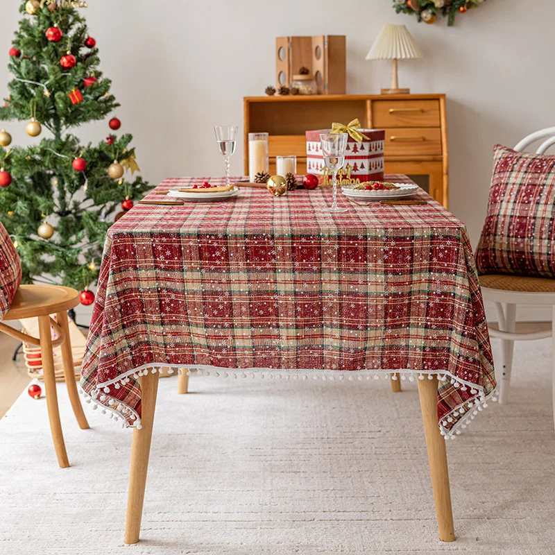 Christmas retro red plaid snowflake tablecloth hairball tassel British plaid dining table cloth festive atmosphere