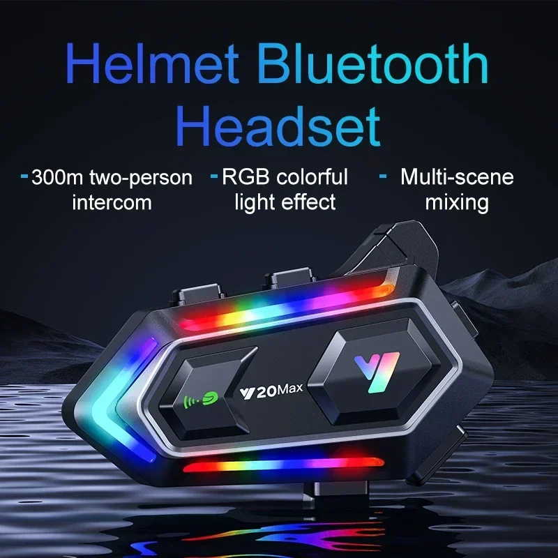 Y20 MAX Motorcycle Helmet Bluetooth Headset Intercom With Mixing V5.3 IPX6 Waterproof RGB Colorful Light Effect 1000mAh Battery