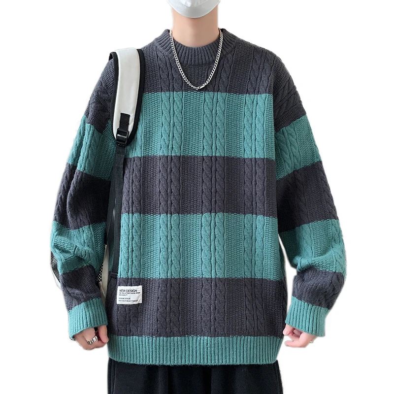 Contrast Color Striped Sweater Men's Winter Loose Round Neck Bottoming Sweater Youth Thickened Warm Top Available in Five Colors