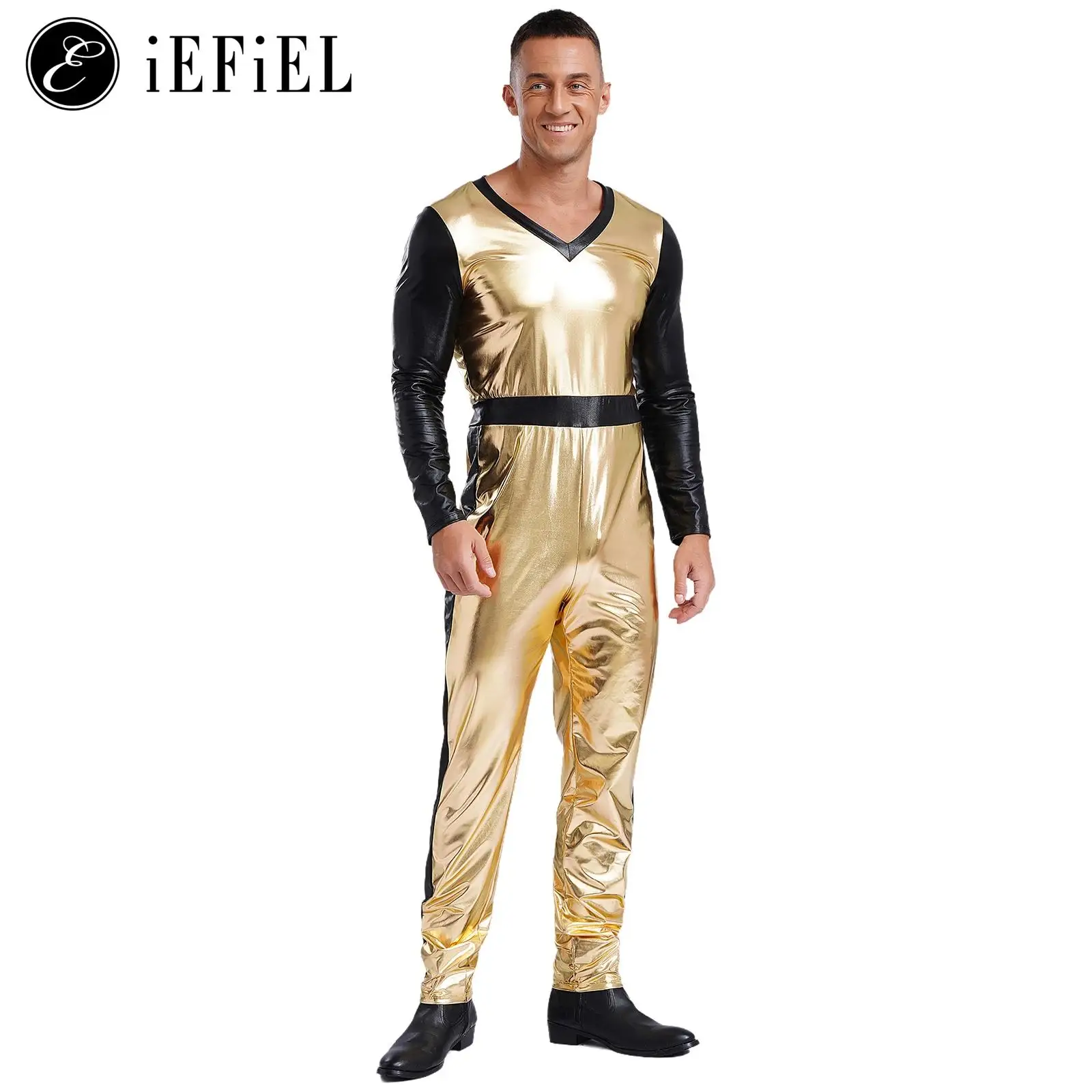 Mannen Spiersportman Kostuum Metallic V-Hals Lange Mouw Zentai Honkbalcompetitie Uniform Thema Cosplay Feestkleding