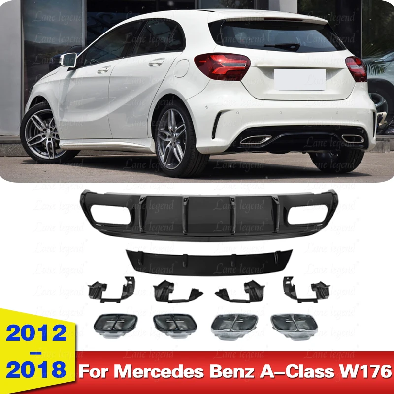 For Mercedes Benz W176 A45 AMG A180 A200 A Class 2012-2018 Hatchback Rear Bumper Diffuser Lip Spoiler with Exhaust Tips