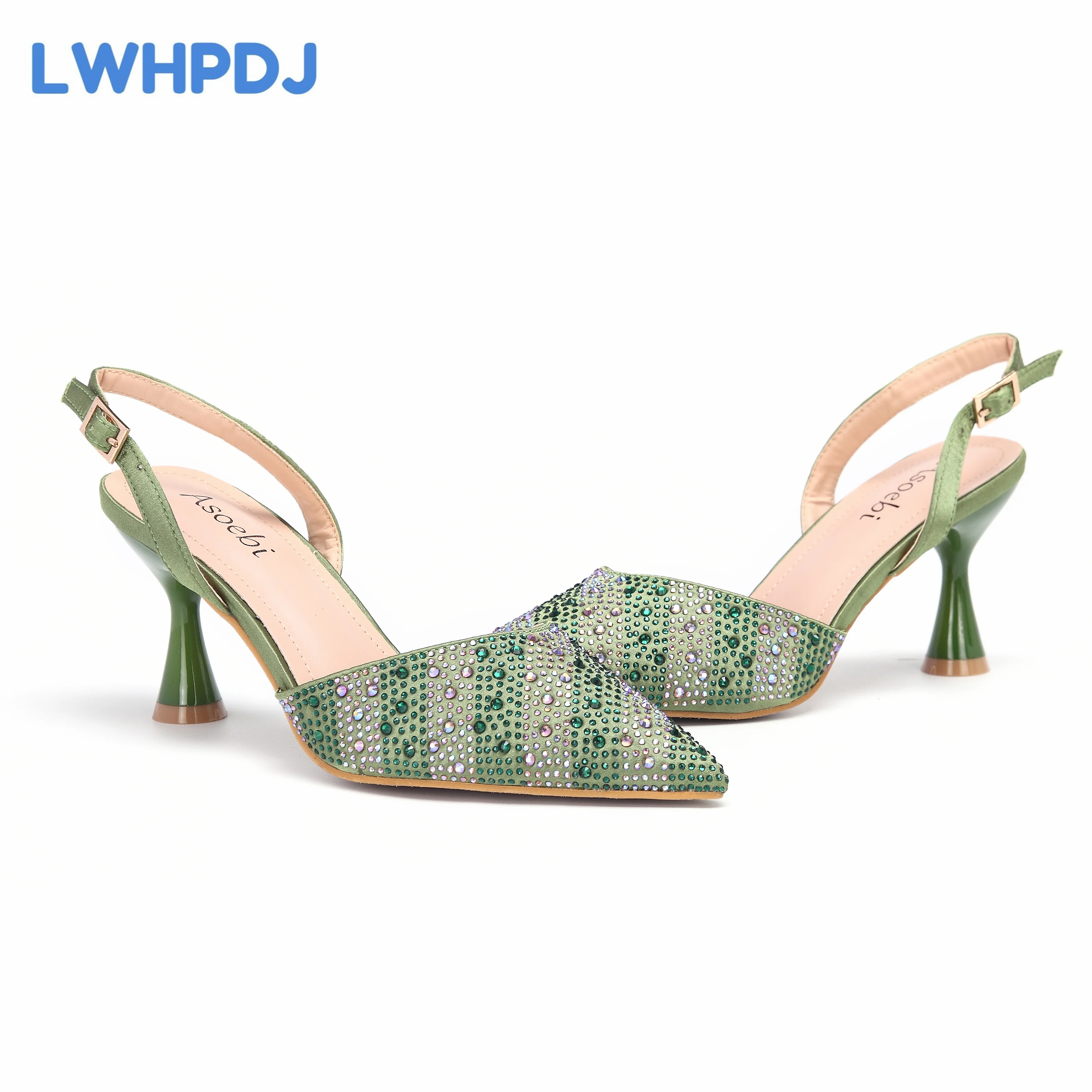 2024 Olive Green Thin Heels Pointed Toe Crystal Design Ladies Shoes Matching Bag Set For Women Weeding Party Pump