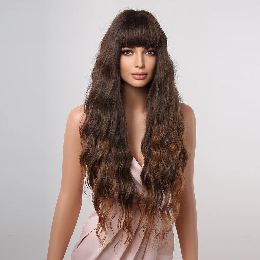 Long Wavy Synthetic Wigs for Women Ombre Brown Blonde Curly Wigs With Bangs Daily Cosplay Party Fake Hair Heat Resistant