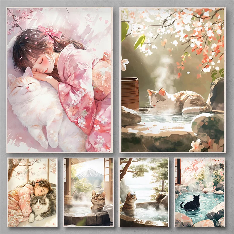 Póster de chica y gato durmiendo bajo Sakura, kimono japonés, obra de arte, flor de cerezo, decoración de pared, estético, relajante, Onsen Kitty