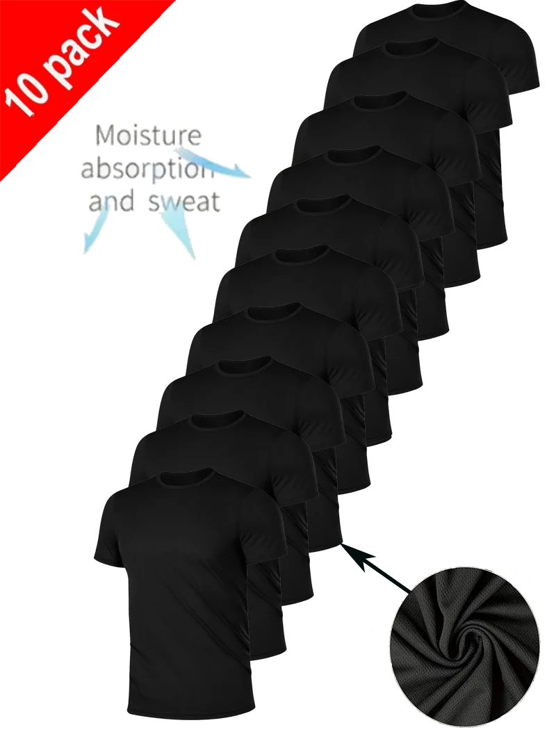 

Men's 10-Piece Solid Black Round Neck T Shirt Lightweight Mesh Breathable Moisture Wicking for Layering or Outerwear Gym Wo