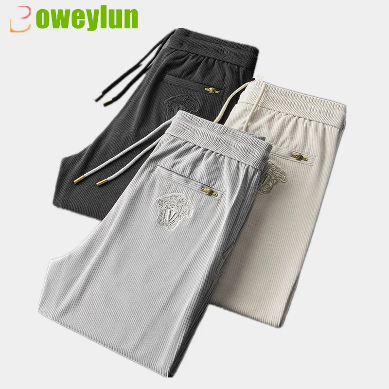 

Boweylun Light Luxury Summer Thin Modal Business Casual Pants Embroidery Stretch Slim Drawstring Sweatpants Men