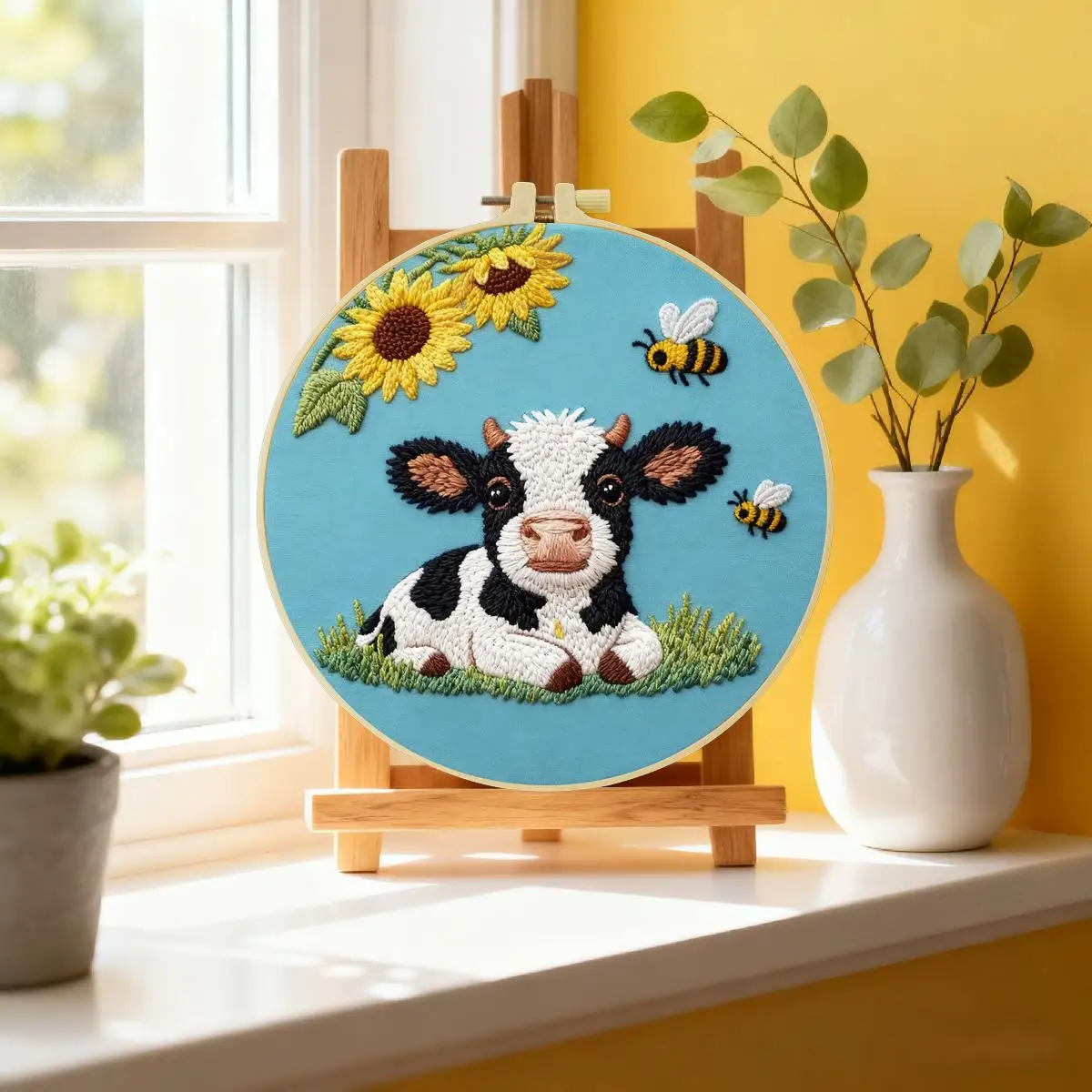 1 Stück 20X20CM/15X15CM 7,87/6,3 Zoll Tier - Kuh Stickerei Starter-Kit DIY-Kit DIY Stickerei-Set Handarbeiten Malerei – Detail 1