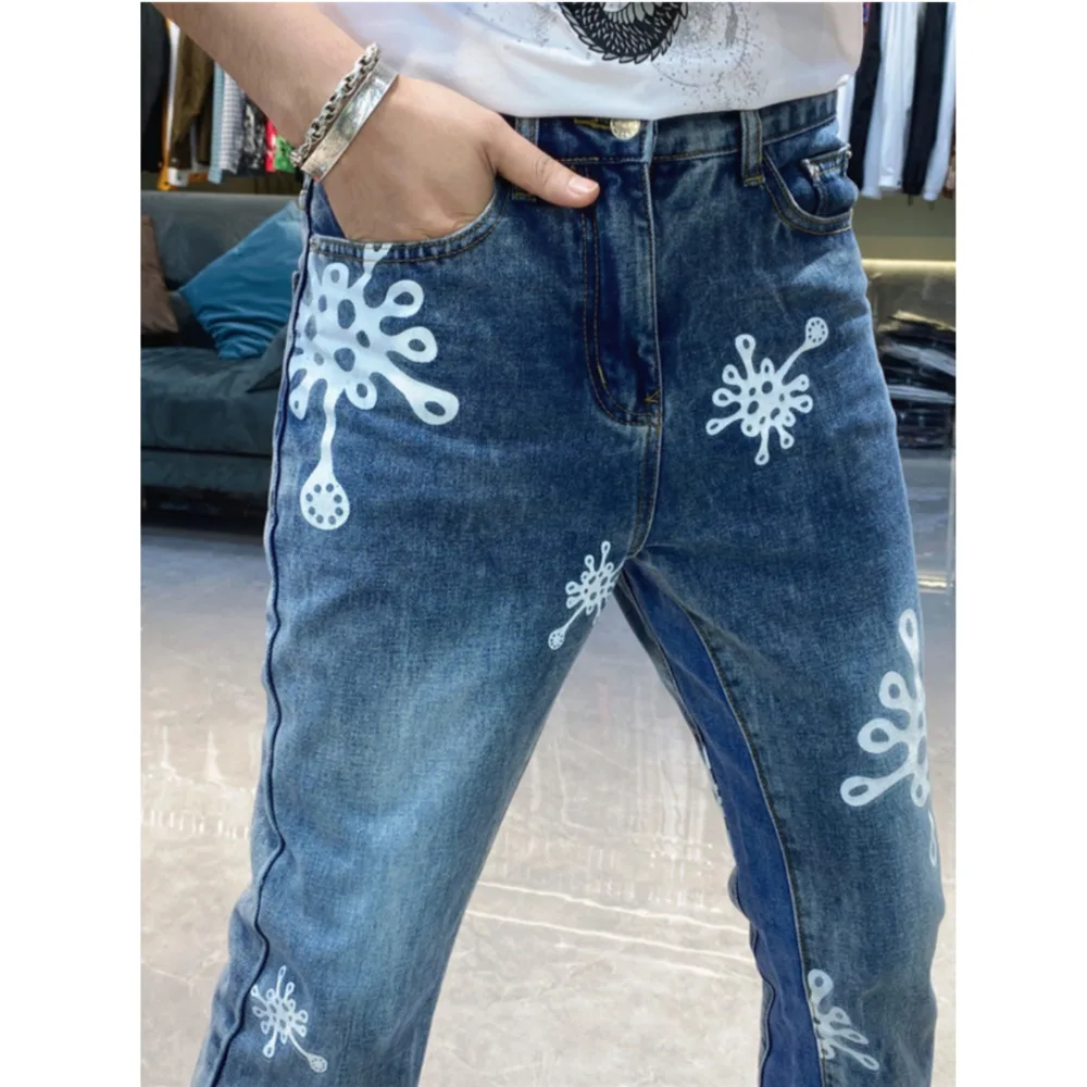 High Street Vintage Blue Jeans White Motif Print Pants Casual Straight Legs Trousers Fashion Contrast Gusset Vaqueros Hombre