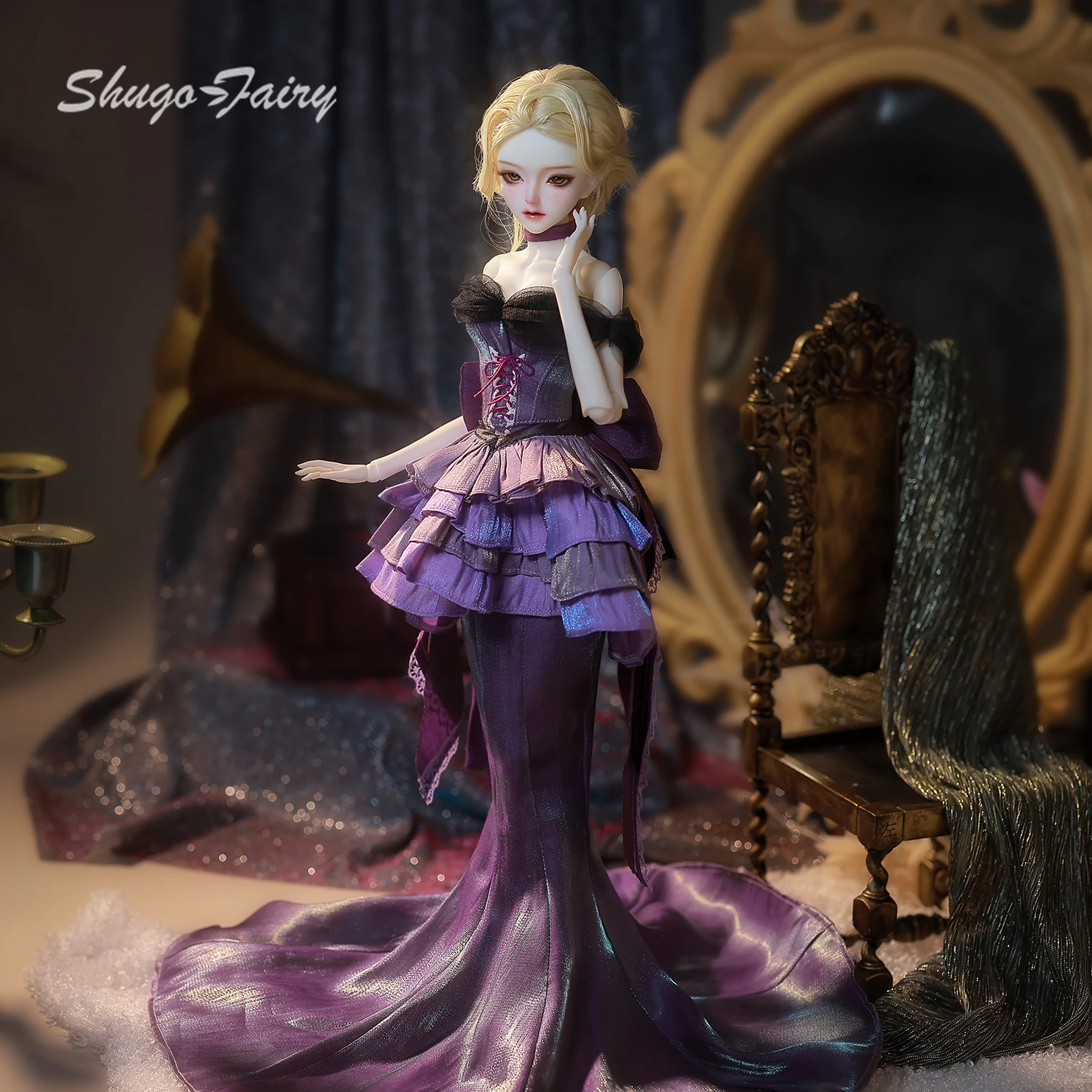 

ShugaFairy Dendro B 1/4 BJD — благородное придворное платье с шляпой из перьев, фиолетовый шелковый полный комплект из коллекционной смолы для крестной матери