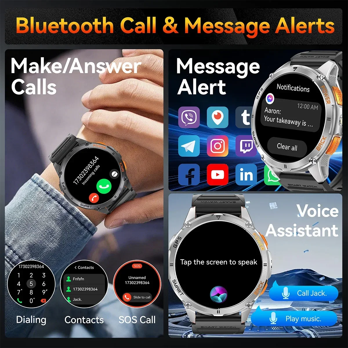 Jam Tangan Pintar KPEP GPS Layar AMOLED 1.43 inci dengan GPS, Kompas, Senter, Tahan Air IP68, Smartwatch Olahraga untuk Pria, Pelacak Kebugaran