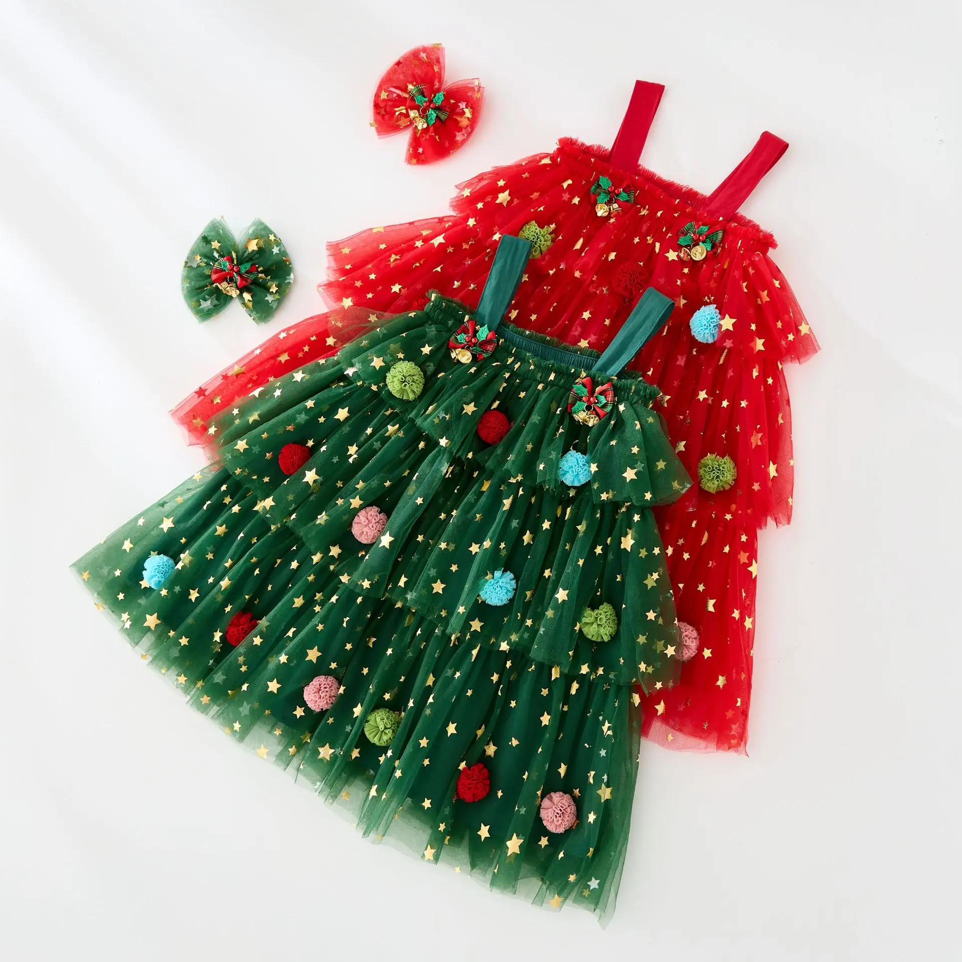 Children\'s Christmas Dress Girl Dress with Hair Bows Christmas Dress Child Princess Layered Tulle Plush Ball Hat Xmas Clothes