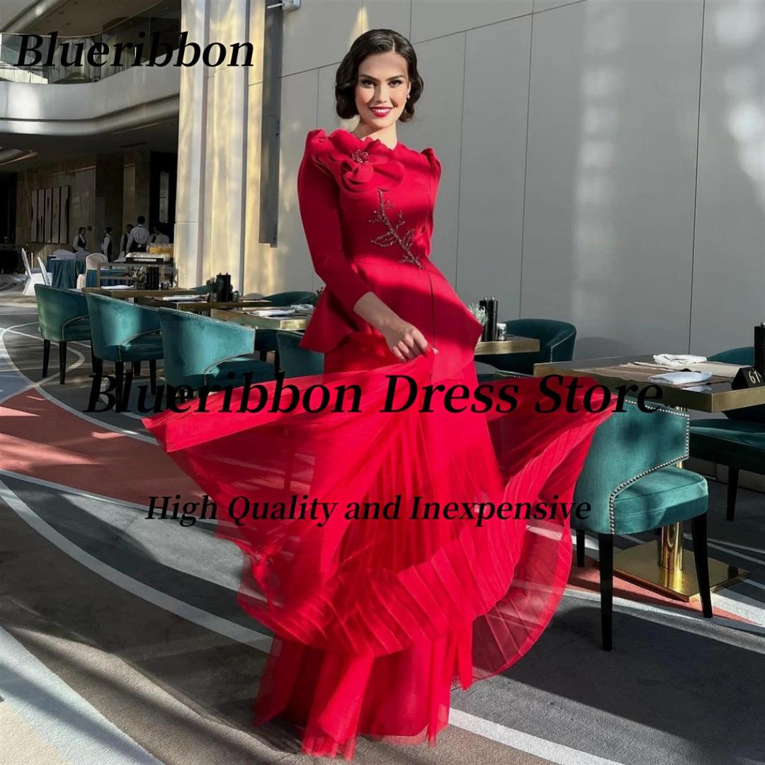 Blueribbon Red Saudi Arabia Women Wear A Line Evening Dresses with Flower Beaded Long Sleeves Prom Dress Zipper Back Vestidos De