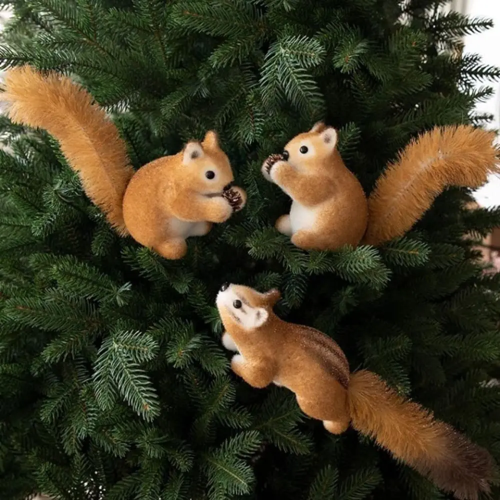 Flocking Christmas Tree Squirrel Pendant Simulation Lightweight Christmas Squirrel Decorations Fluffy Mini