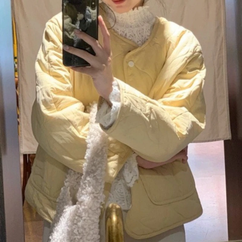 

Rhombus Yellow Cotton Coat Women's Autumn and Winter Light Outer Wear Loose Small Cotton-padded Clothes