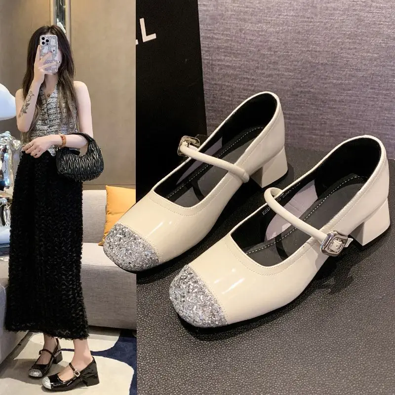 

New Bling Fashion Women Mary Jane Shoes Elegant Thick Heel Dress Single Shoes Ladies Concise Pumps