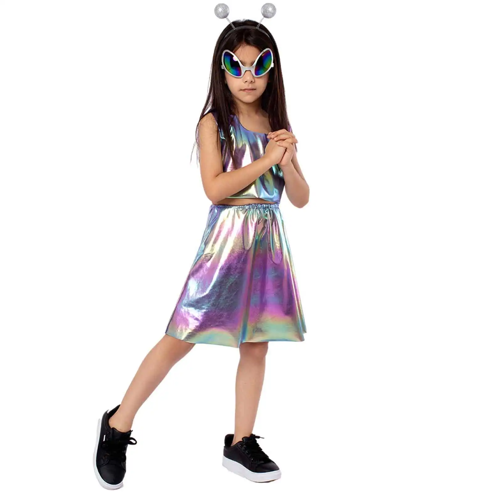 

Halloween Alien Split Shiny Sleeveless Short Suspender Skirt Headband Split Space Alien Stage Role Play Costume Suit New 2025